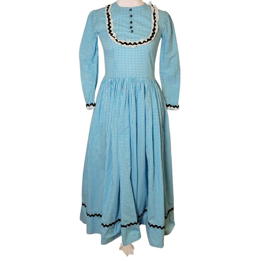 Vtg 70s Gingham Prairie Maxi Dress Rickrack Lace Cottagecore Prairie Coquette